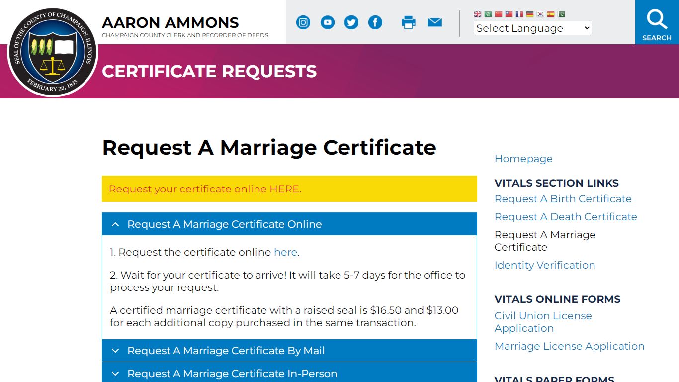 Request A Marriage Certificate | Champaign County Clerk